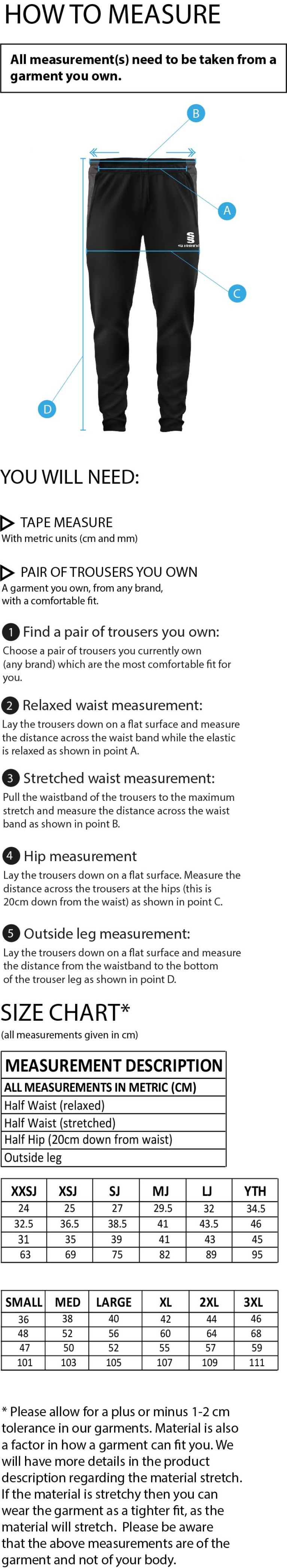 Ballymena CC - Skinny Pant - Unisex Fit - Size Guide