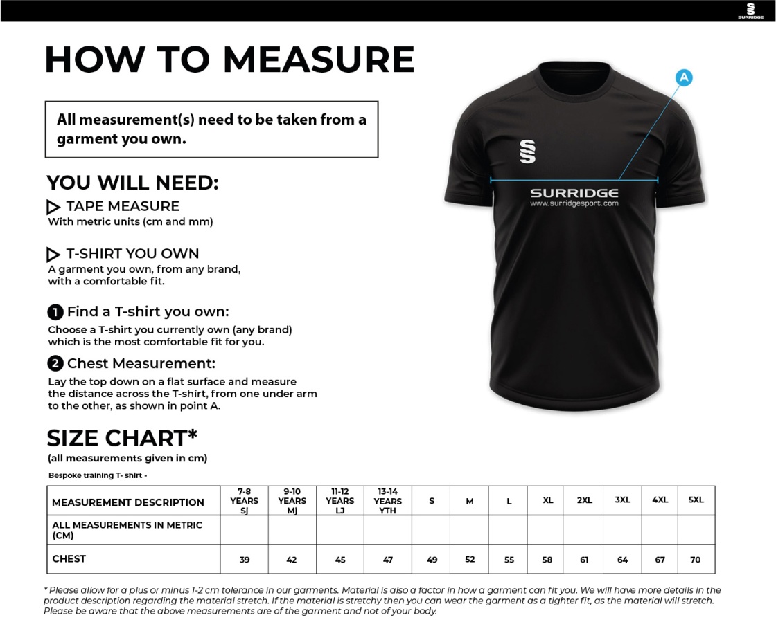 Ballymena CC - Impact T-Shirt - Men's/Unisex Fit - Size Guide