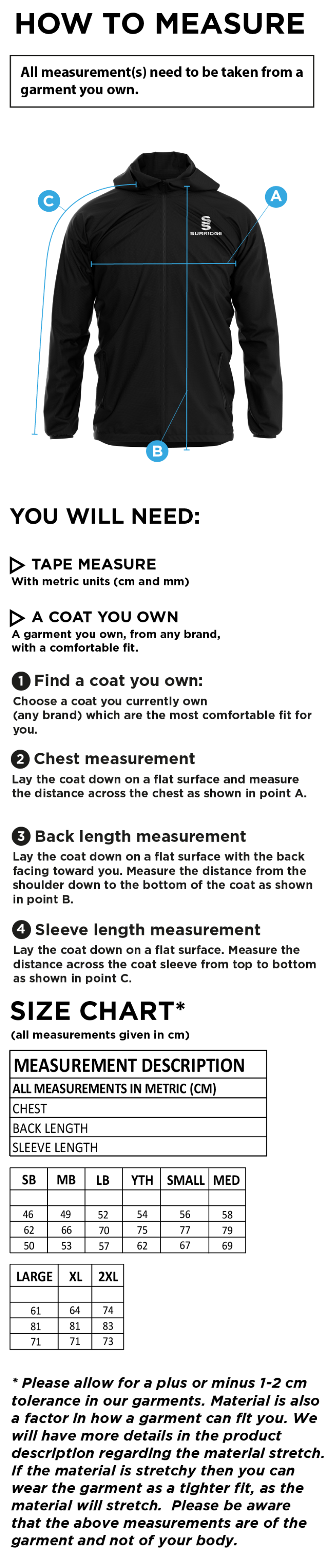 Eglinton CC - Dual Elite 1/4 Zip Hoody / Rain Jacket - Unisex Fit - Size Guide