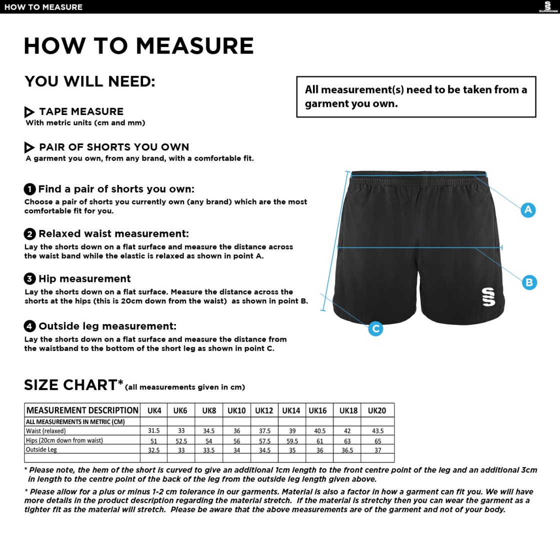 Performance Gym Short Womens - Navy - Size Guide