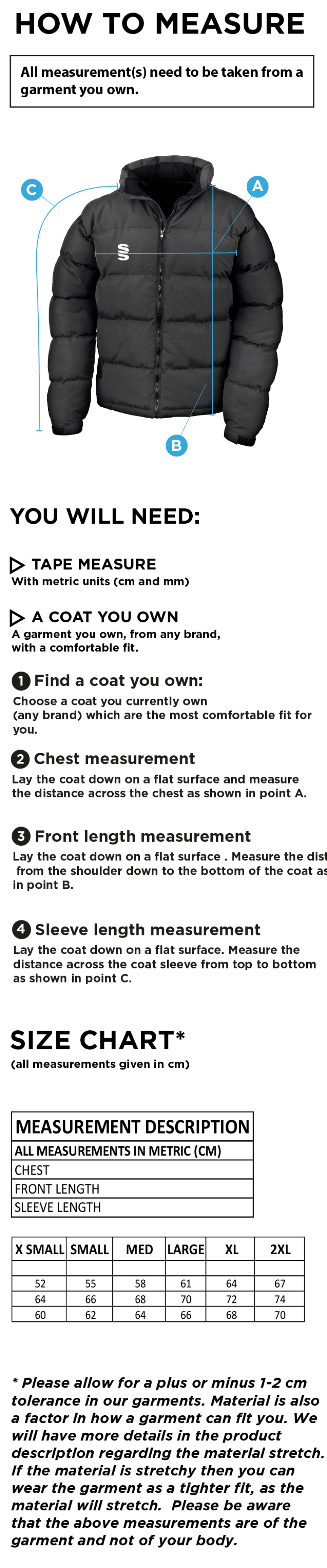 Glendermott CC - Dual Puffa Jacket - Women's Fit - Size Guide