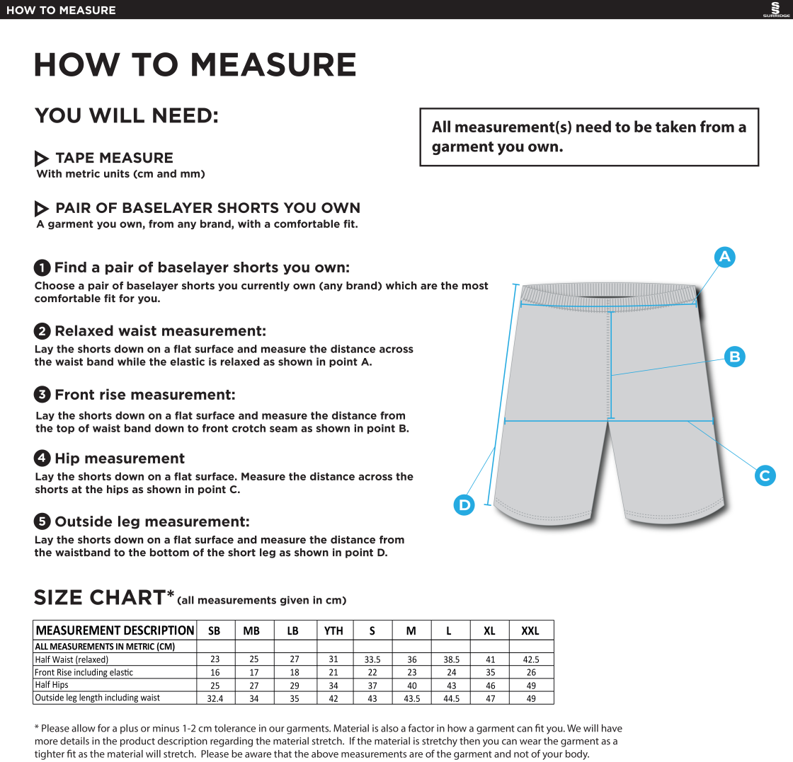 NWCU - NW Warriors - Dual Baselayer Short - Unisex Fit - Size Guide