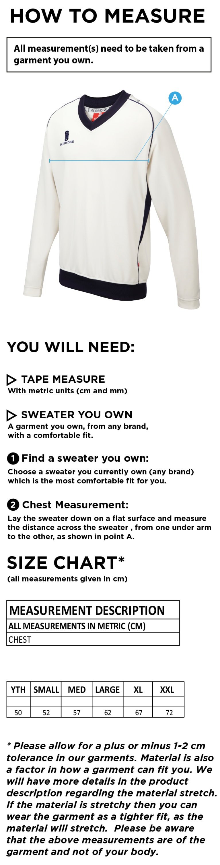 Ballymena CC - Long Sleeved Sweater - Size Guide