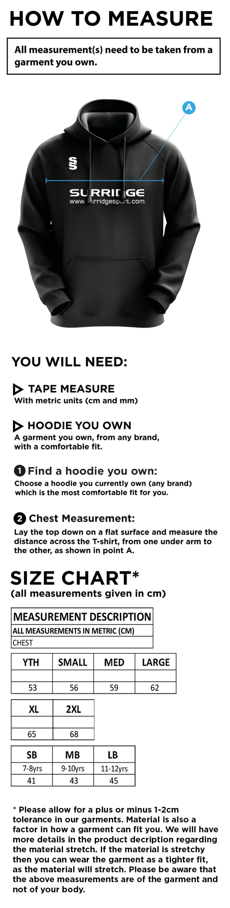 Blade Hoody - Unisex Fit - Size Guide